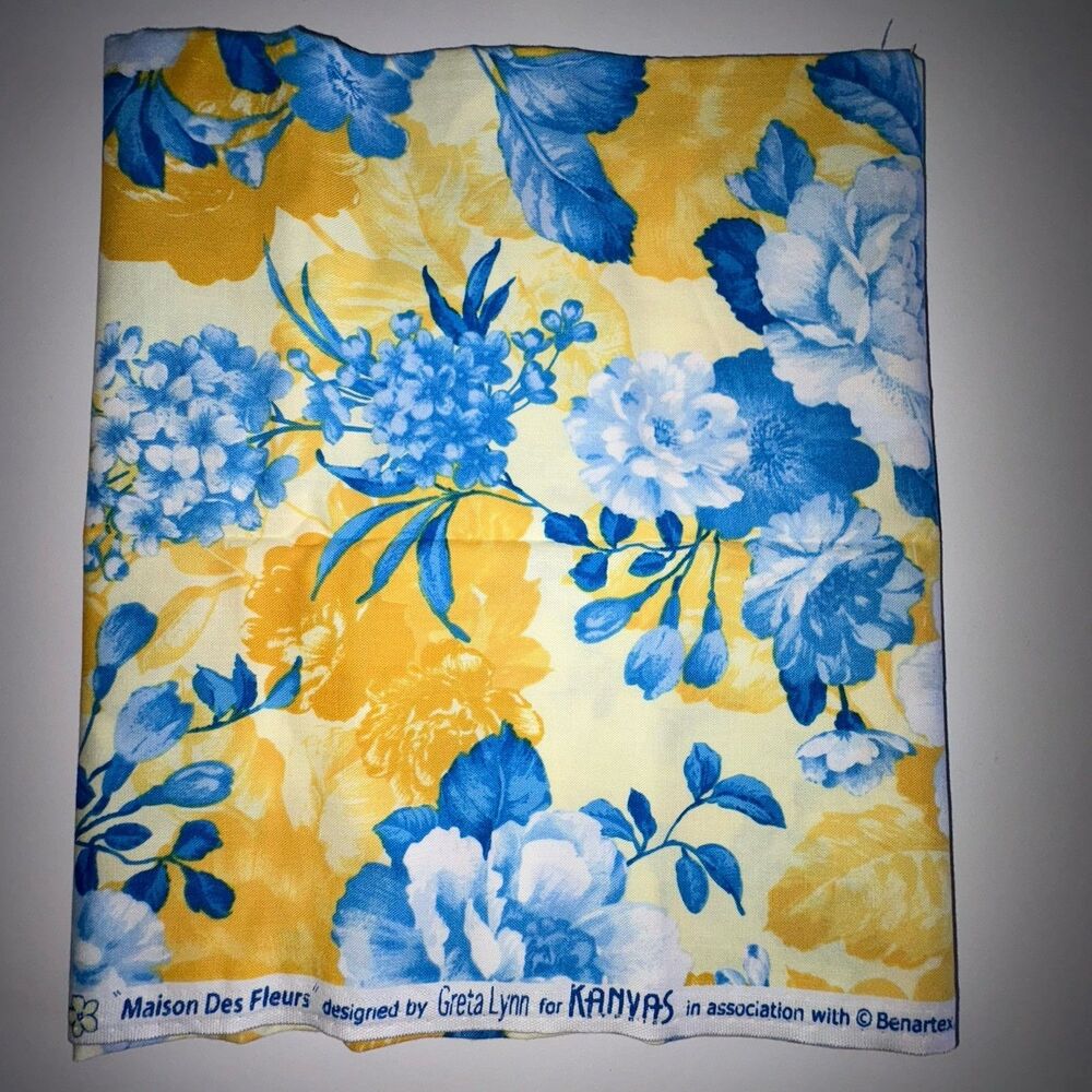 Maison Des Fleurs French Garden Roses Blue Yellow Floral Print Fabric Greta Lynn